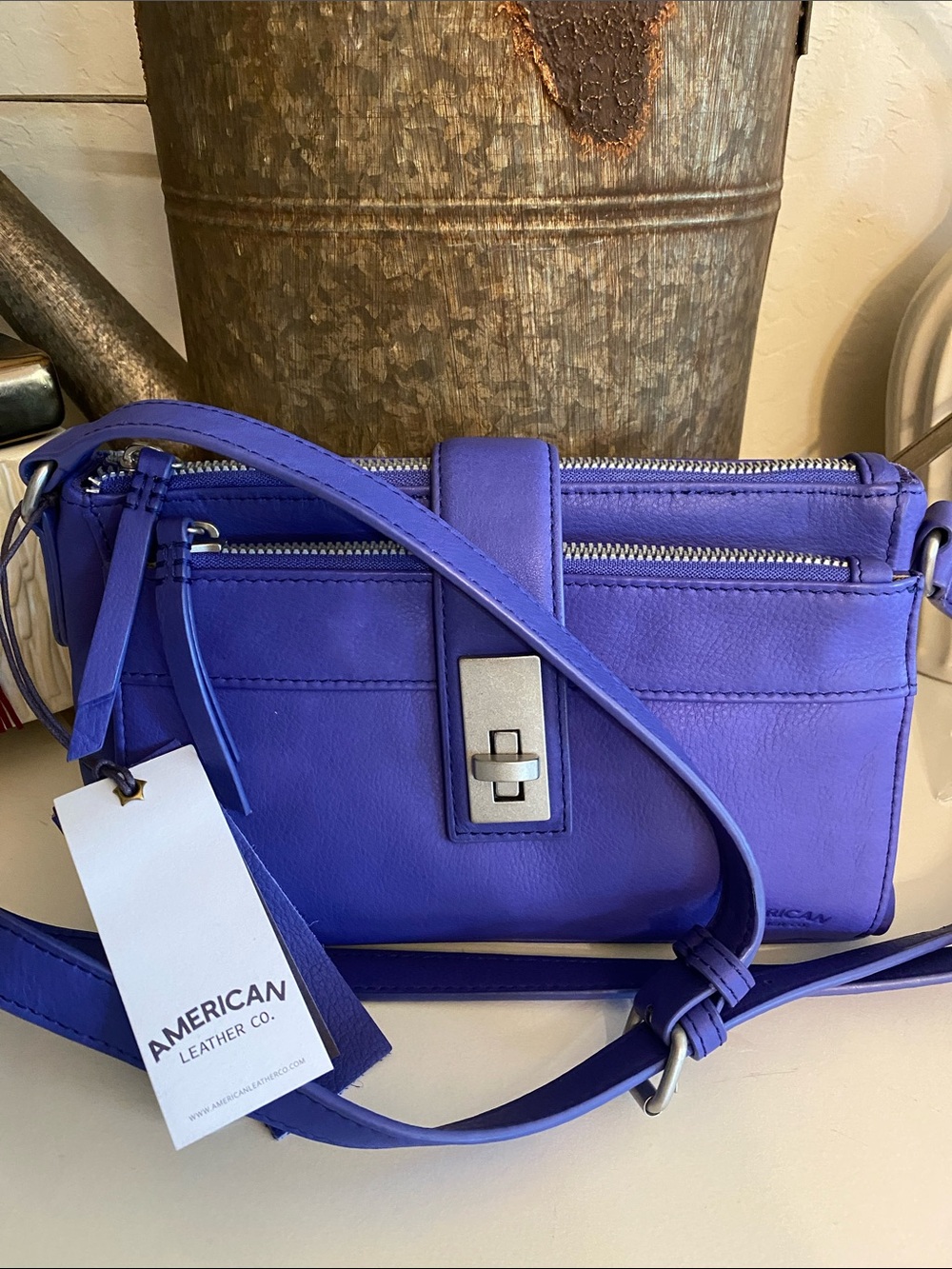 American Leather Co. Lexington Triple Entry Crossbody color is Purplish Blue